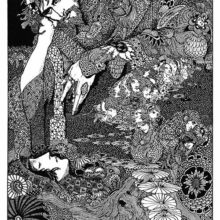 A man lies wistfully leaning on his elbow as figures from his daydream float around him