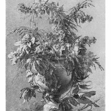 A garden vase is overflowing with daisies, drooping leaves and grasses, and fading blooms