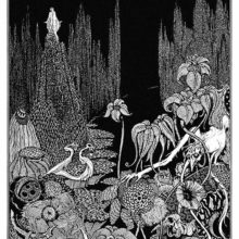 A figure stands at the top of a pyramid in a landscape of sprawling vegetation and grim animals