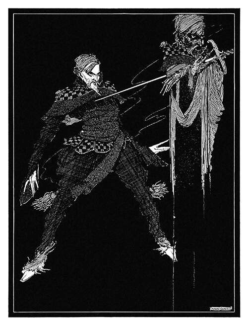 A man stands behind a spectral image of himself clutching the sword which runs through its chest