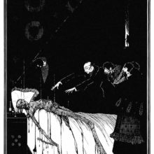 A corpse lies decaying on a bed as a physician performs arcane techniques to try and revive it