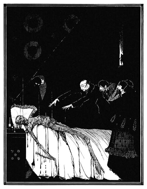 A corpse lies decaying on a bed as a physician performs arcane techniques to try and revive it