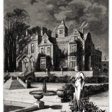 Perspective view of a country house at night, with a statue in the foreground