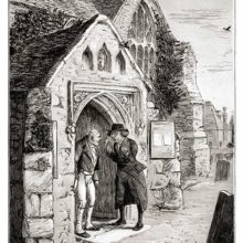 A parson is having a lively conversation with an older man on the porch of a small village church