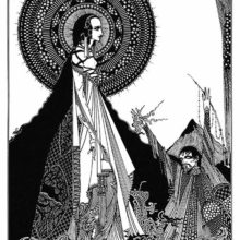 A female figure stands out against a large halo as a man kneeling before her toys with her hair
