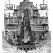 Cross-Section of the steam ship La Champagne, showing the engine rising as high as the main deck