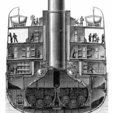 Cross-Section of the steamship La Champagne showing the boiler room, coal bunkers, and passengers