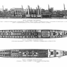 Longitudinal section and plans of the upper deck and holds of the ocean liner La Champagne