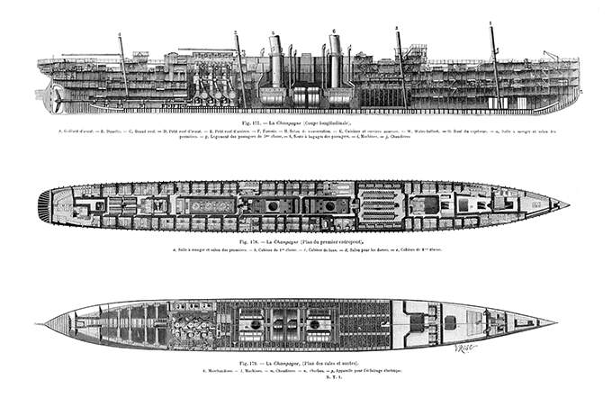 Longitudinal section and plans of the upper deck and holds of the ocean liner La Champagne