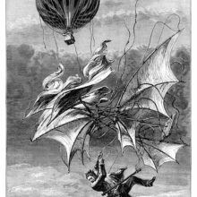 A man falls through the sky, desperately clinging to a winged apparatus as a balloon hovers above