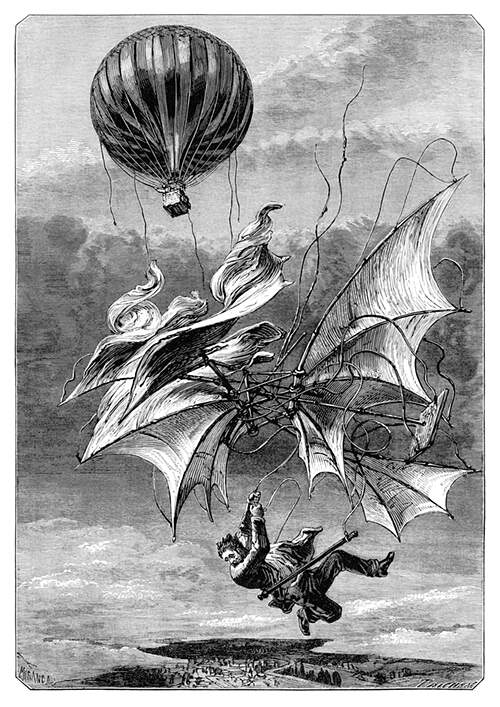 A man falls through the sky, desperately clinging to a winged apparatus as a balloon hovers above