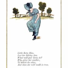 A girl wearing a cottage bonnet hiding her face stands on one leg in a meadow