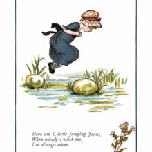 A little girl wearing a hat jumps from stone to stone across a stream