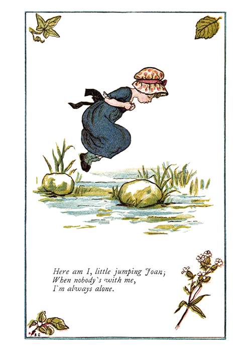 A little girl wearing a hat jumps from stone to stone across a stream
