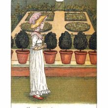 A girl wearing a hat and a haughty air stands in front of a hedged-in garden with flower beds
