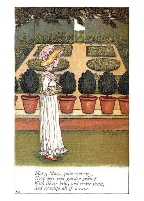 A girl wearing a hat and a haughty air stands in front of a hedged-in garden with flower beds