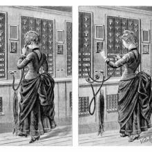Split illustration showing a woman answering a call and plugging a cord into the switchboard
