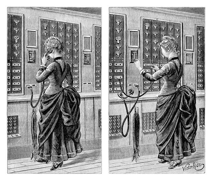 Split illustration showing a woman answering a call and plugging a cord into the switchboard