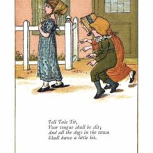 A girl wearing a straw cottage bonnet looks annoyed as two jeering children follow her around