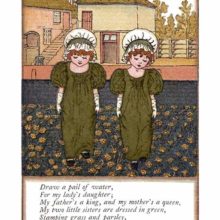 Two girls in mobcaps stand side by side in a garden and stamp the ground dotted with marigolds