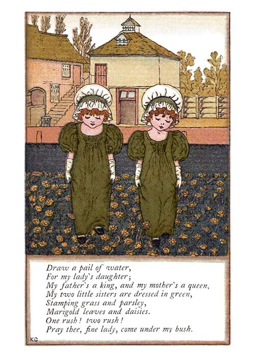 Two girls in mobcaps stand side by side in a garden and stamp the ground dotted with marigolds