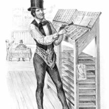 A dapper compositor in a top hat is smoking a cigar while filling in a line of type