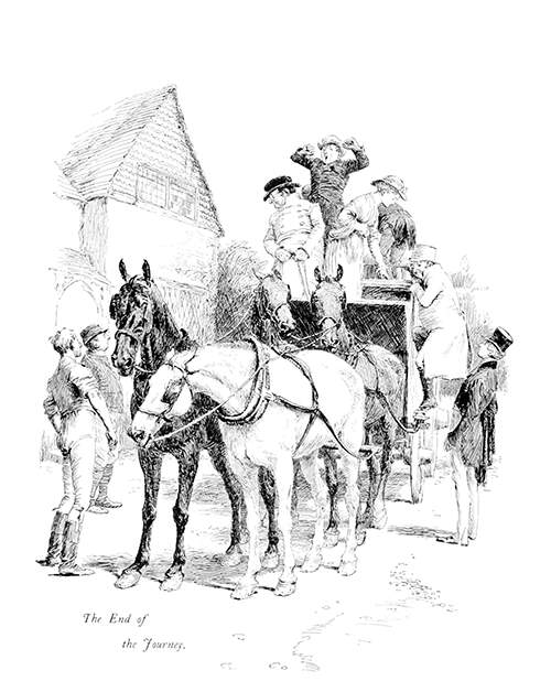 A stagecoach is reaching its destination, greeted by a stable boy as passengers start getting off