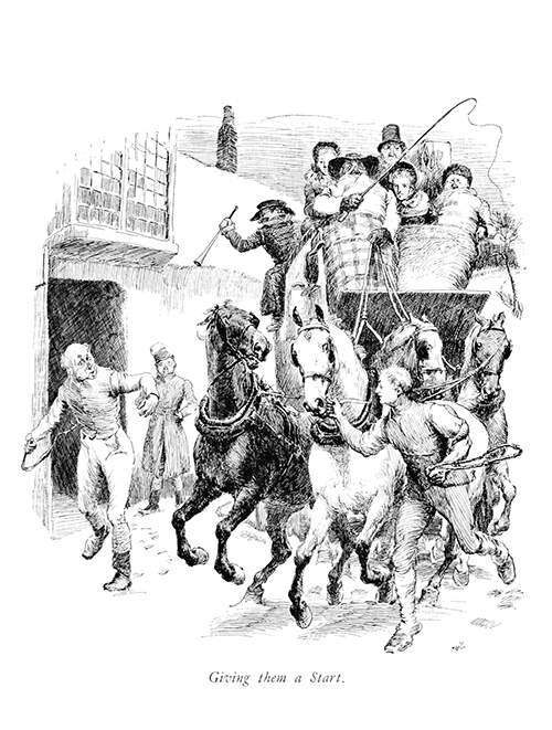 A youth pulls a stagecoach horse by the reins, looking at a man flinging his whip at another horse