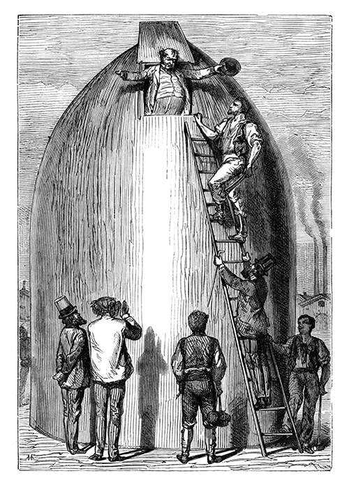A man appears through an opening at the top of a cannon shell-shaped rocket, greeted by his friends