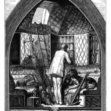 Cross-section of the cabin of a cannon shell-shaped rocket showing a man inspecting a closet, etc.