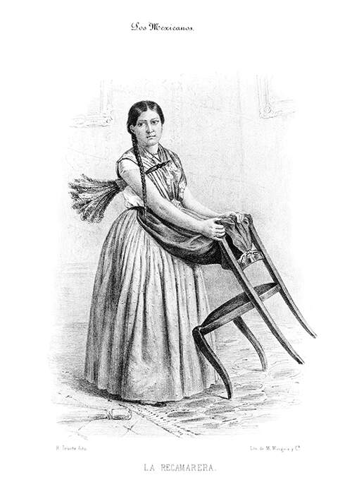 A woman with a feather duster tucked under her arm polishes the back of a chair with her apron