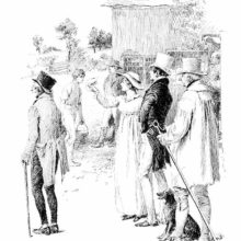 A group of people is seen looking in the direction of a stagecoach which has just departed