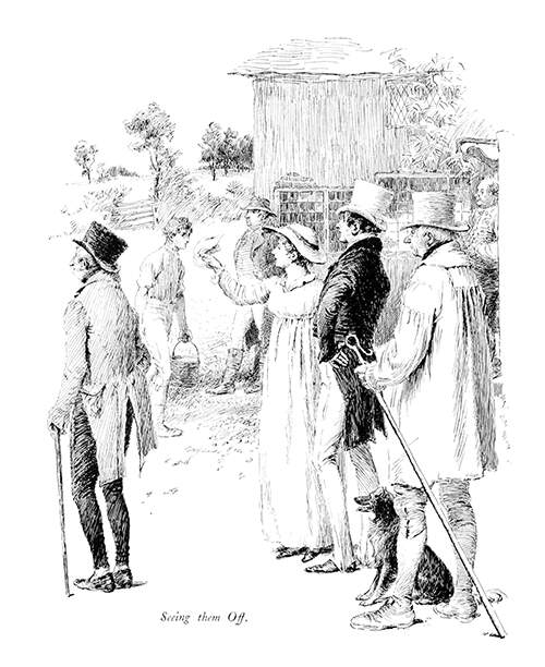 A group of people is seen looking in the direction of a stagecoach which has just departed