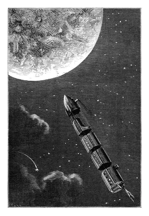 A rocket pulling four separate compartments is darting toward the moon across the starry sky