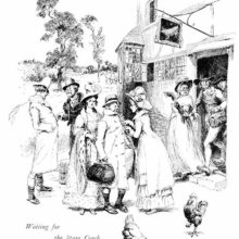 Passengers are seen coming out of a country inn to catch the soon-to-arrive stagecoach.