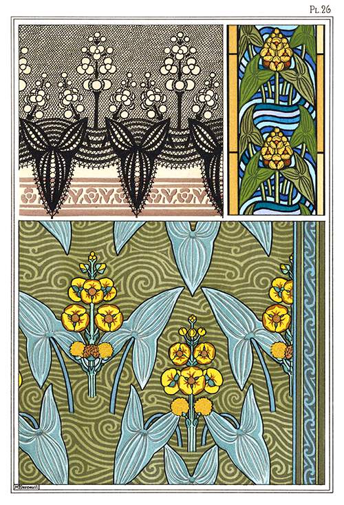 Three Art Nouveau patterns with floral design based on broadleaf arrowhead leaves and flowers