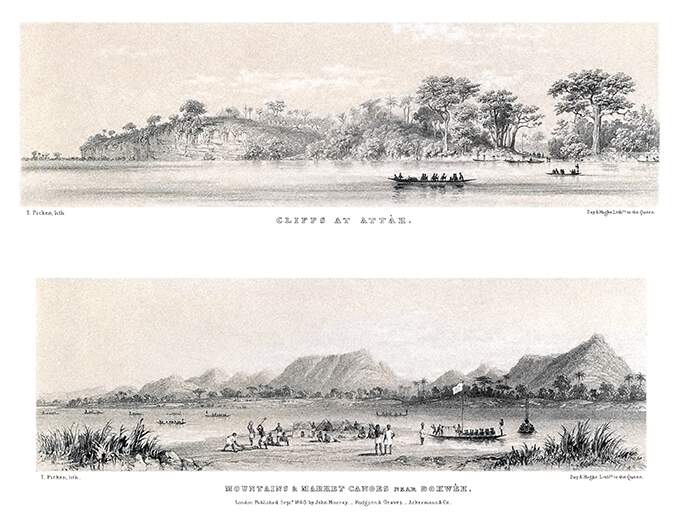 Set of two panoramic illustrations showing distinct locations on the course of the river Niger