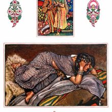 Split illustration showing a couple sitting together and a woman lying on a bed, about to cry