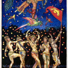 Five Hindu female dancers prance around a garden as a parrot carrying a kissing couple flies past