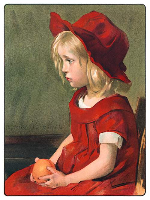 A melancholy young girl dressed in red is seen sitting on a chair holding an orange in her lap