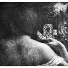 A woman with bared shoulders is seen from the back doing her hair in shadowy light