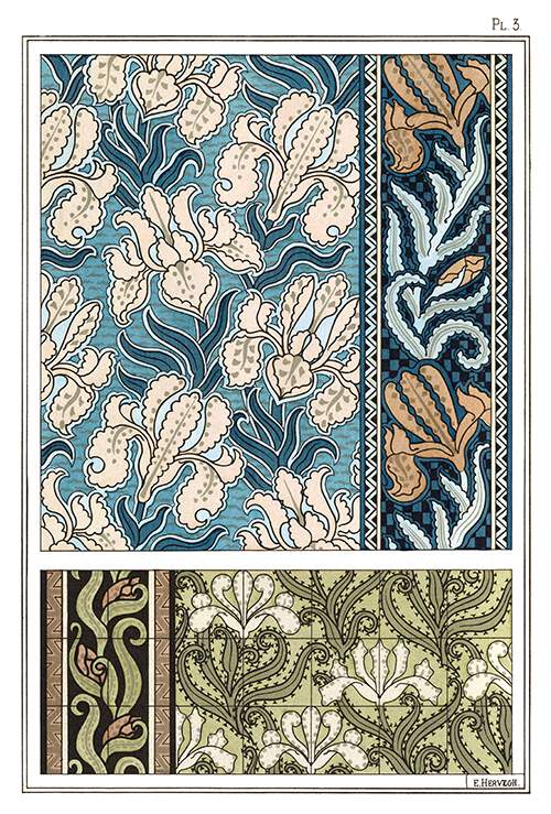 Set of three Art Nouveau ornamental patterns with floral design based on iris flowers and leaves