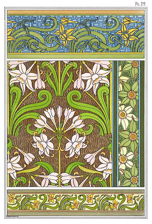 Set of four Art Nouveau ornamental patterns with floral design based on jonquil flowers and leaves
