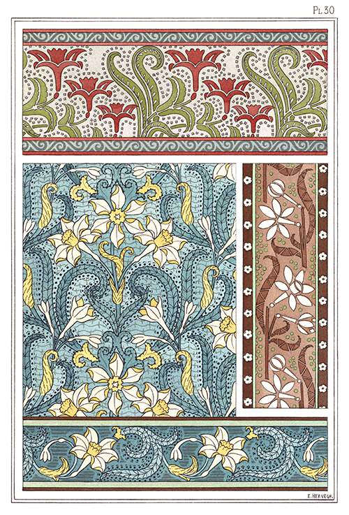 Four Art Nouveau ornamental patterns with floral design showing stylized jonquils