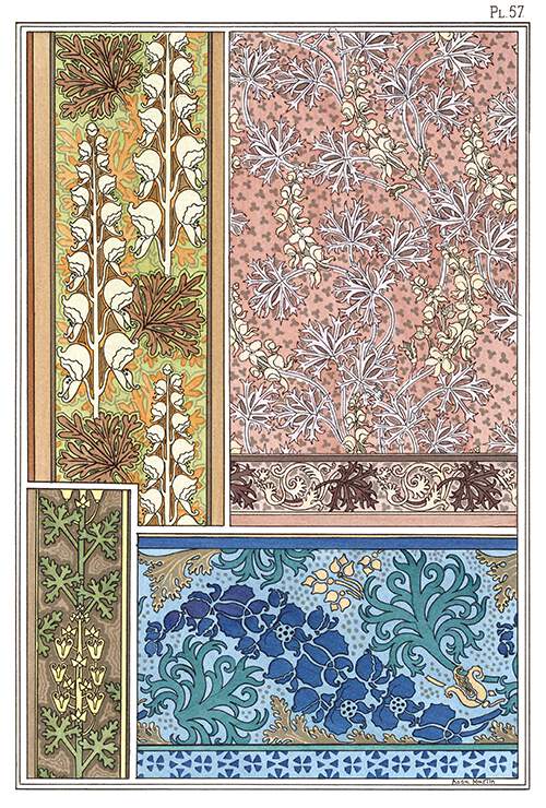 Four Art Nouveau ornamental patterns with floral design based on monkshood flowers and leaves
