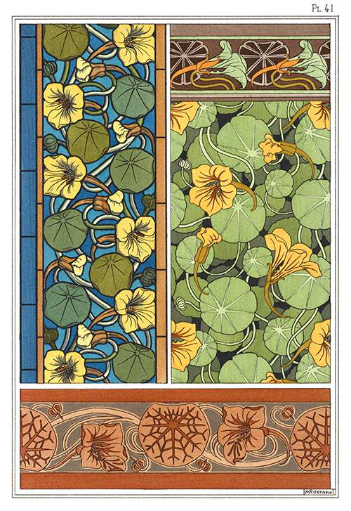 Four Art Nouveau ornamental patterns with floral design based on nasturtium flowers and leaves