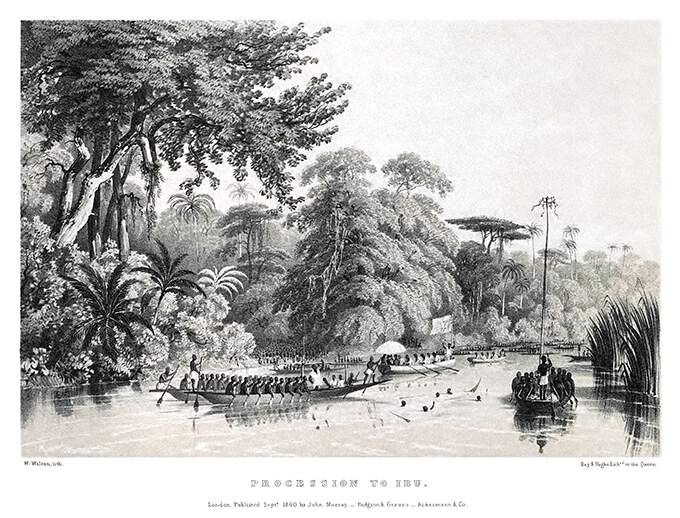 View of the river Niger and the tropical forest showing numerous rowing boats on the water