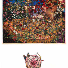 A man kisses a young woman lying on a bed overgrown with climbing roses