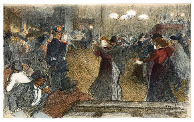 View of a mixed crowd in a busy dance hall, showing couples dancing while others stand watching