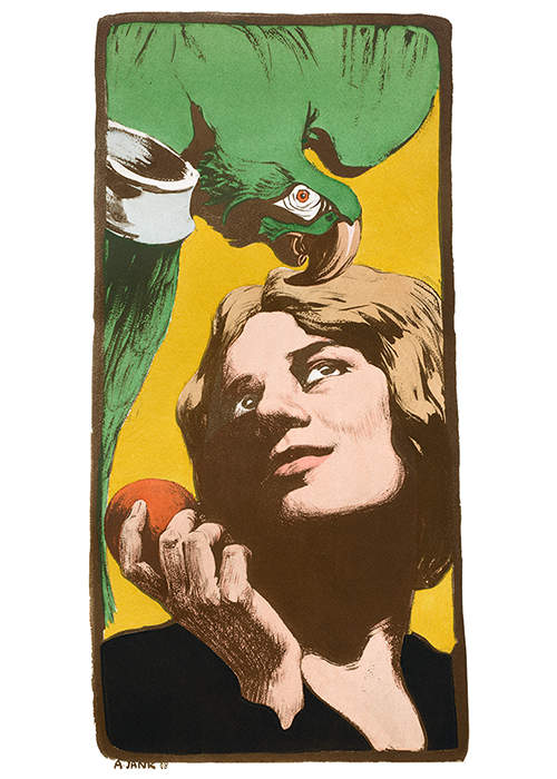 A woman is gazing up to the green parrot she's tempting with a fruit she holds in her hand